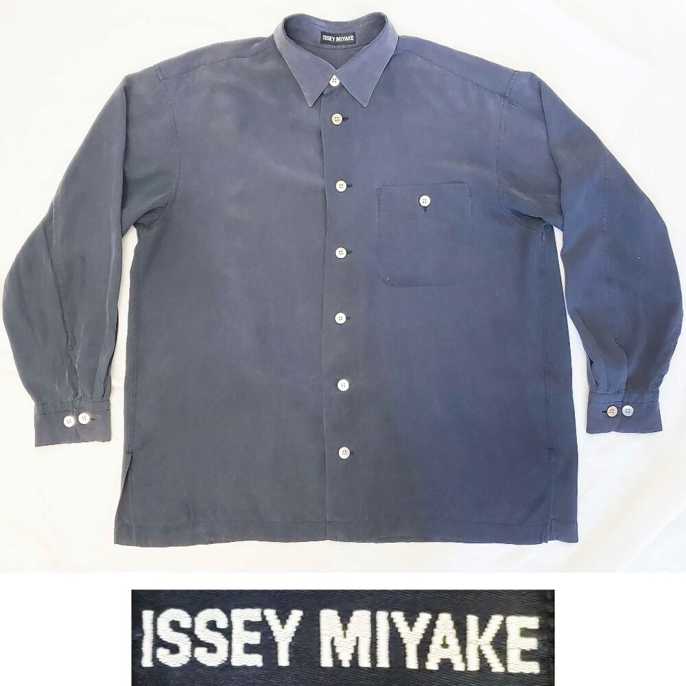 ISSEY MIYAKE Mens Vintage Rayon BLue Grey Button Down Shirt M